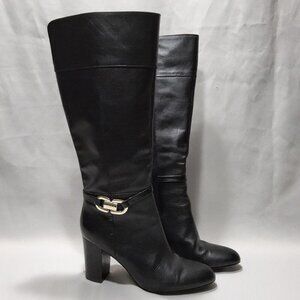 Iman Global Luxury Luxury Leather Riding Boots heeled Black 10 Gold Buckle Tall